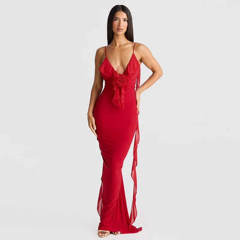 

Red Women's Prom Dress Summer Strap Backless Cool Casual Holiday Sexy Sleeveless Hot Girl Sheath Slim Fit Long Tulle Skirt Robes