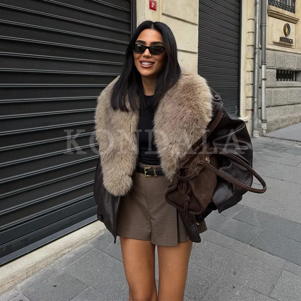 KONDALA 2025 秋冬 フェイクファー襟 パッチワーク PUレザー レディース 暖かいジャケット ファッション エレガント ダブルブレスト レディースコート