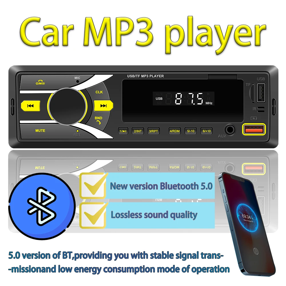 XVisito Bluetooth Stereo In-dash EQ Function 7 Colors Backlight Audio Radio FM Memory Protector Car MP3 Player TF USB AUX Suppor