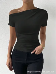 Sexy Off Shoulder Short-Sleeved T-Shirt Women's Summer New Round Neck Slim Fit White Black Solid Top For Women Basic T Shirt