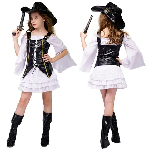 Kids Halloween Pirate Costume Girls Dress Hat Vest Sets Cosplay Holiday Stage Masquerade Show Pirate Outfits