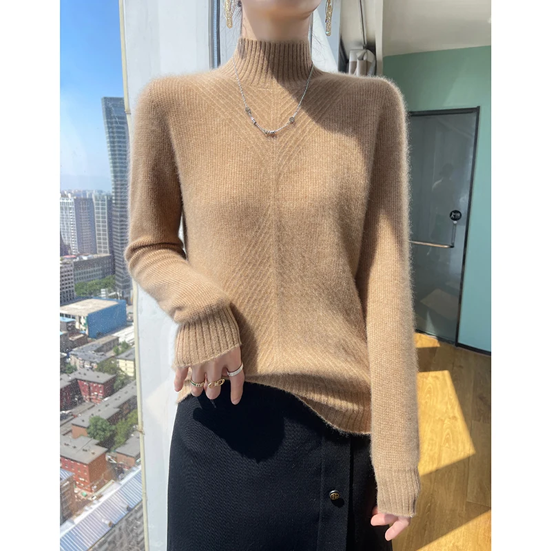 100% Wool Women Stripe High Collar Out Knit Sweater Long Sleeve Casual Solid Female Tops Ladies Sweater 2023