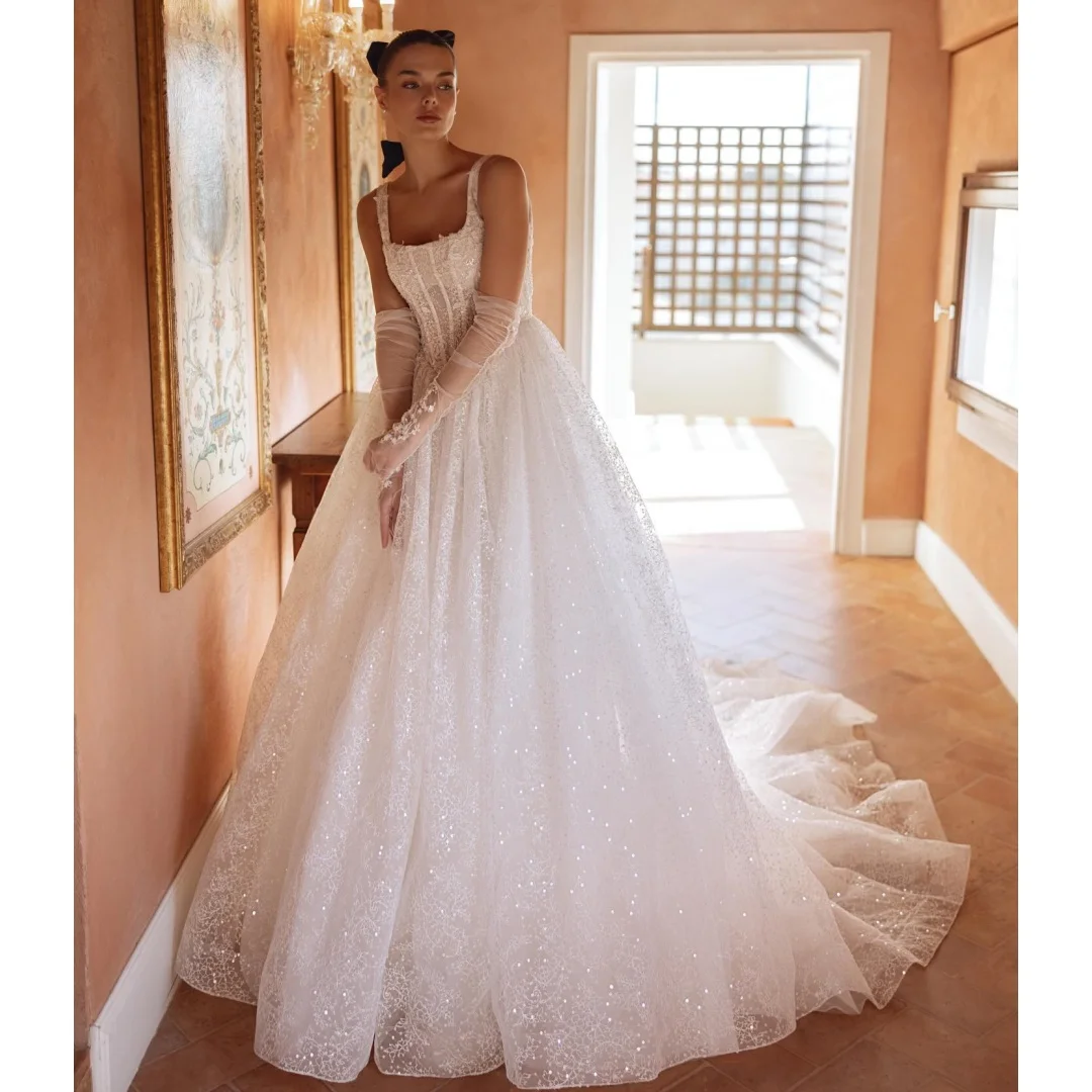 

Luxury Lace Sequined Wedding Dresses Square Collar Bustier Corset Bridal Gown Exquisite Sweep Train robe de mariée Customized