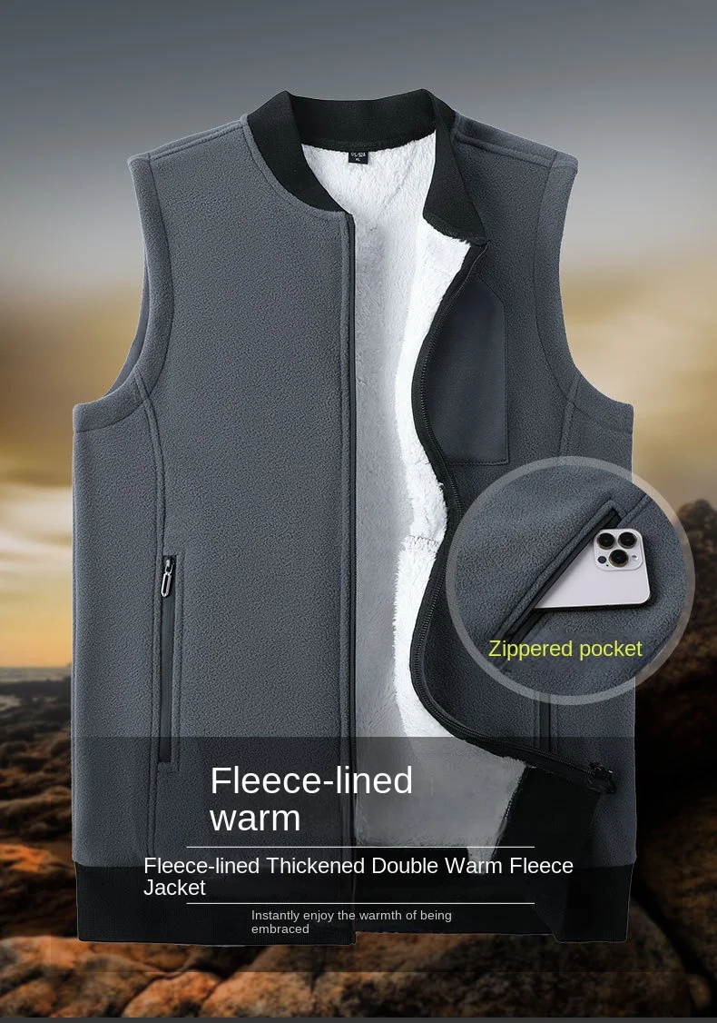 Herren Winterweste, ärmellos, Stehkragen, einfarbig, Fleece, dick, warm halten, Übergröße, Nackenschutz, Winterweste für den Alltag – Detail 1