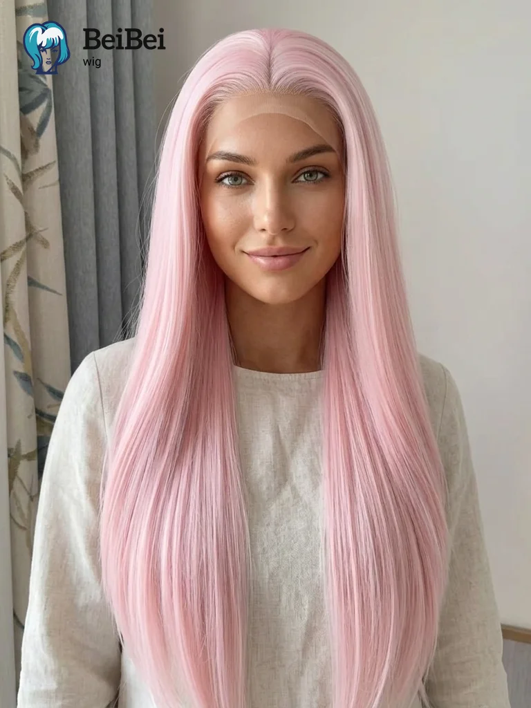 Sakura Pink Synthetic Lace Wig Lolita Wigs for Women Free Parting Glueless Hair Wigs Long Straight Lace Front Wig for Cosplay