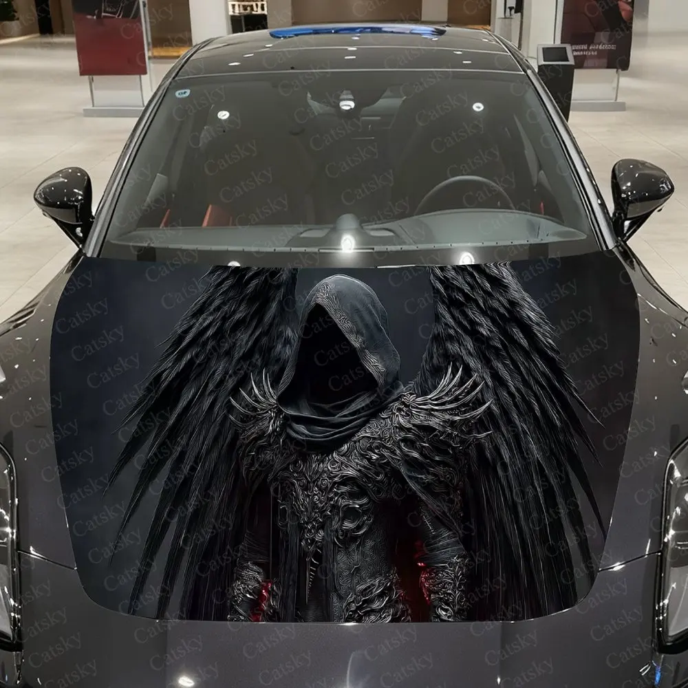 

Black-Winged Dark Armor Hooded Figure Car Vinyl Wrap, PVC Waterproof Car Hood Sticker, Self-Adhesive Scratch-Resistant Stickers