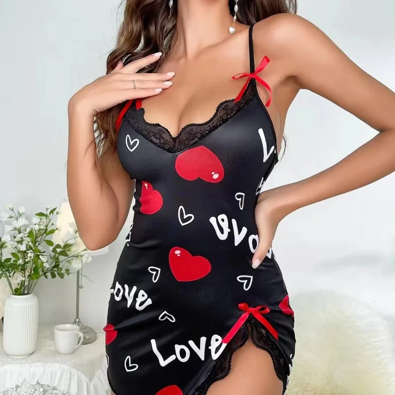 

Lace Edge V-Neck Sling Side Split Sleepwear Women's Printed Love Letter Black Home Sling Dress Pajamas