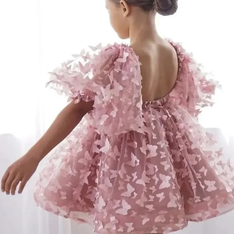 Fashion Baby Girl Dress Butterfly Puff Sleeve Child Tulle Princess Dress For Vestido Pageant Party Birthday  A3743