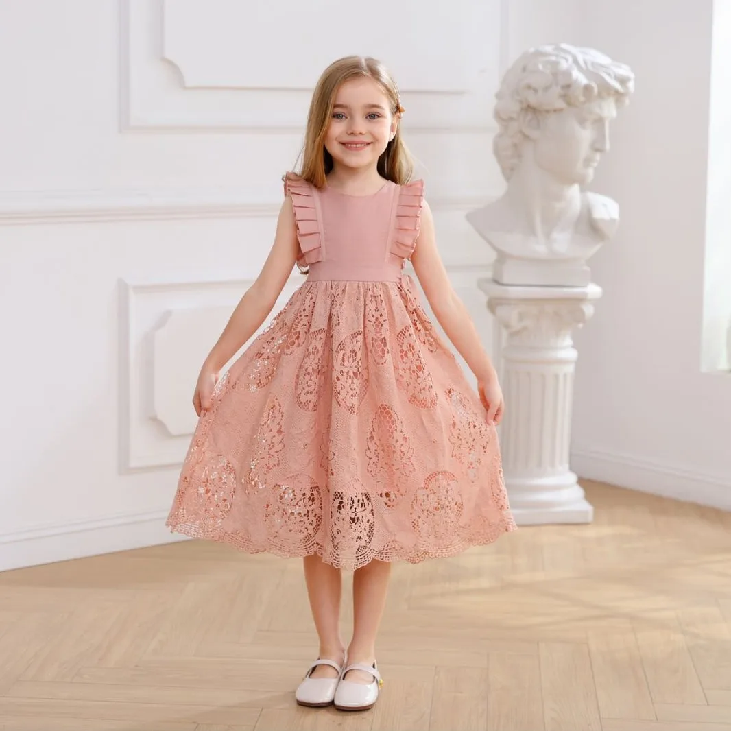 

Girls' Dress Summer Cotton Linen Sleeveless Lace Hollow Princess Dress Round Neck Sleeveless Hook Flower Clothes for Aged 4-9