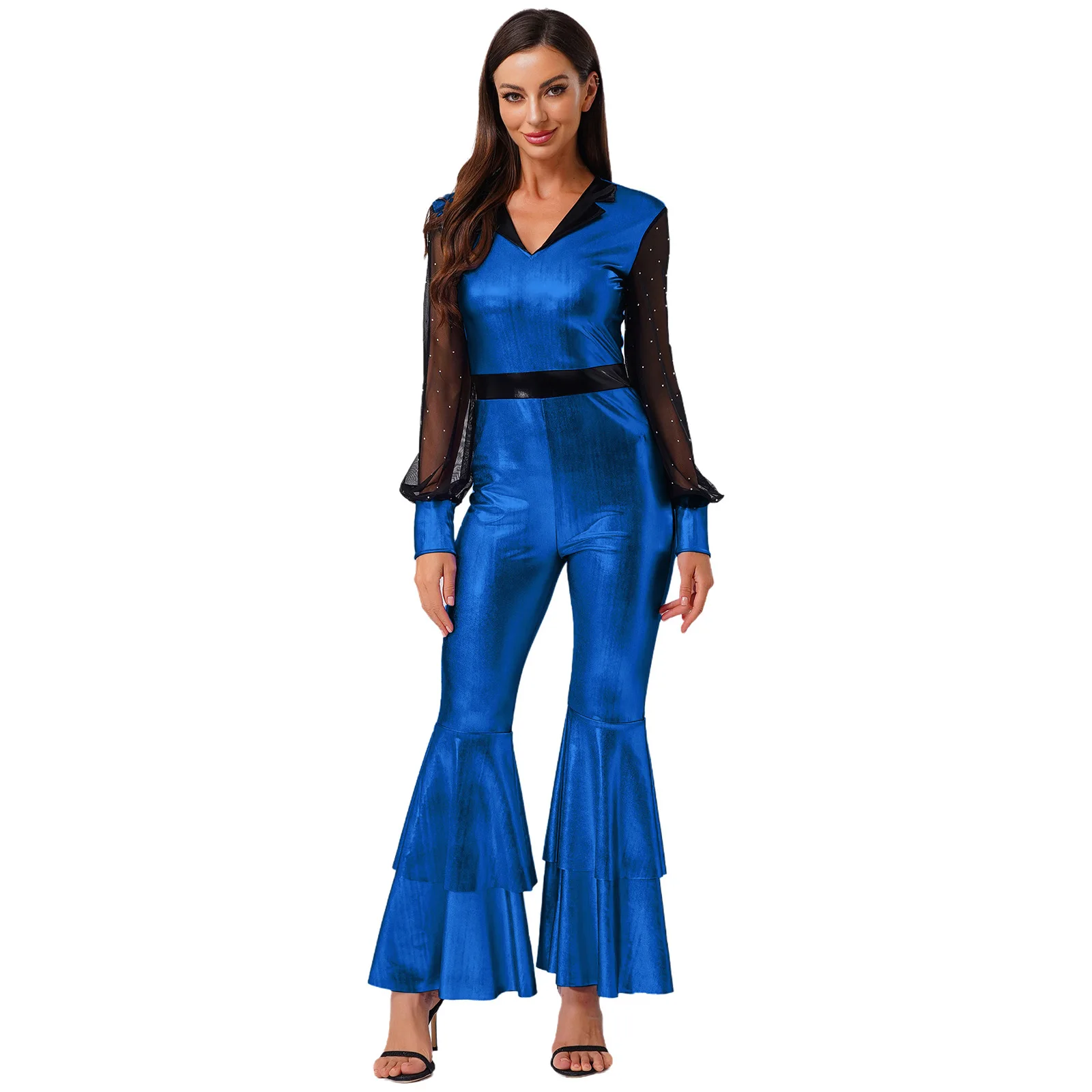 

80s Disco Jazz Ballroom Hippie Dance Costumes Women Shiny Slim Fit Dance Jumpsuit for Party Club Raves Dance Performance Uniform