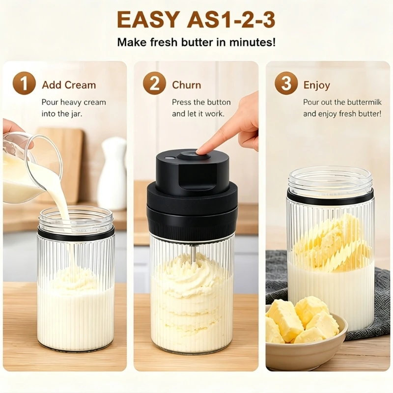  Button-control butter churner with visible jar for cream mixing