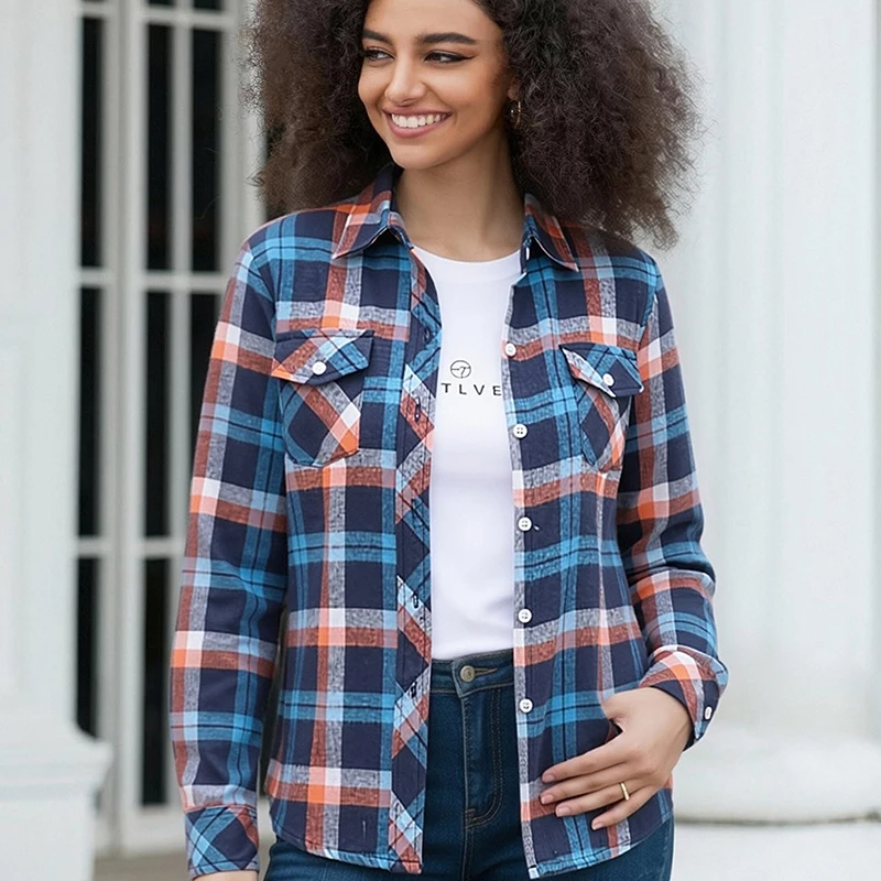 Women's Plaid Flannel Shirt Casual Long Sleeve Button Down Blouse Loose Fit Plaid Top For Spring Fall Daily Wear view 3