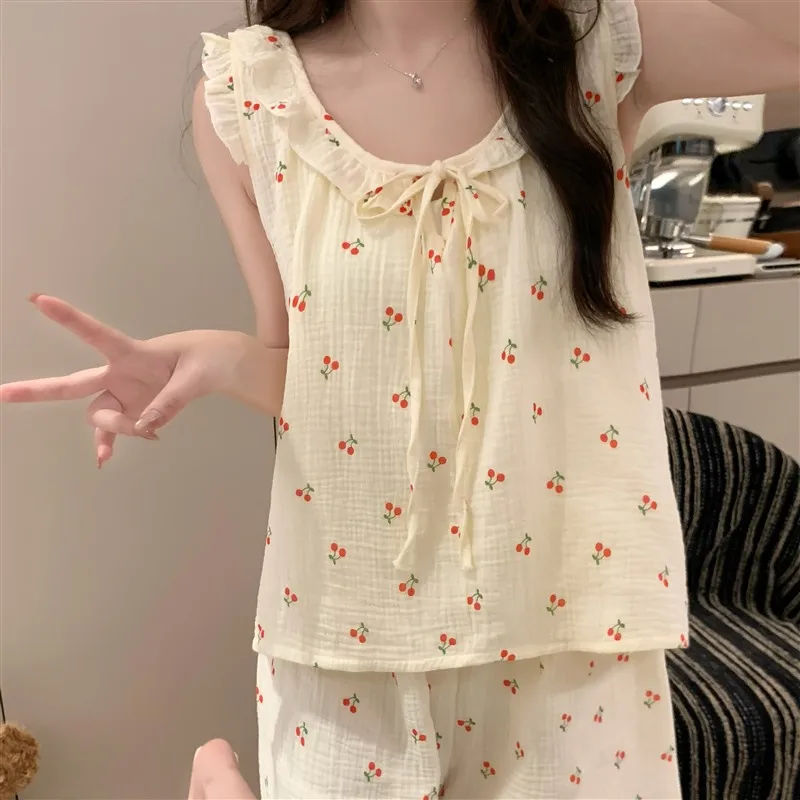 

2025 Summer New Cherry Print Pajamas Women Korean Homewear Set Comfortable Pajama Simple Loose Casua Loungewear Nightclothes