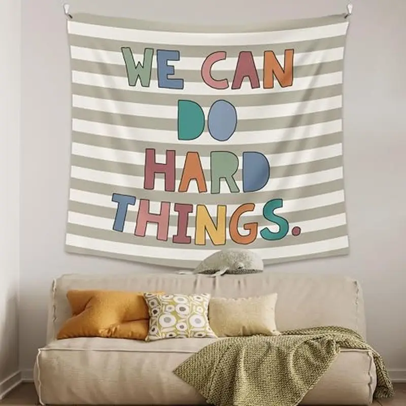 VIKAMA We Can Do Hard Things Band Quote Wall Tapestry Gray White Horizontal Stripe Colorful Letter Kids Classroom Bedroom Living
