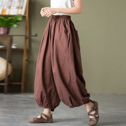 High Waist Casual Bloomers Pants Women New Arrival 2024 Vintage Style Solid Color Cotton Linen Female Ankle-length Pants M367