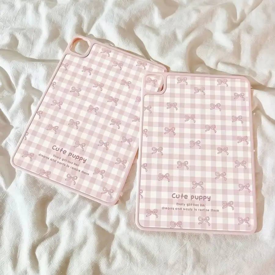 Korean Ins Pink Grid Bow New Tablet Case For iPad Pro 11 12.9in 13 M4 9.7 10.2 10.9 5/6th 7/8/9 10 11th MINI 6 7 Air 5 6 7 Case