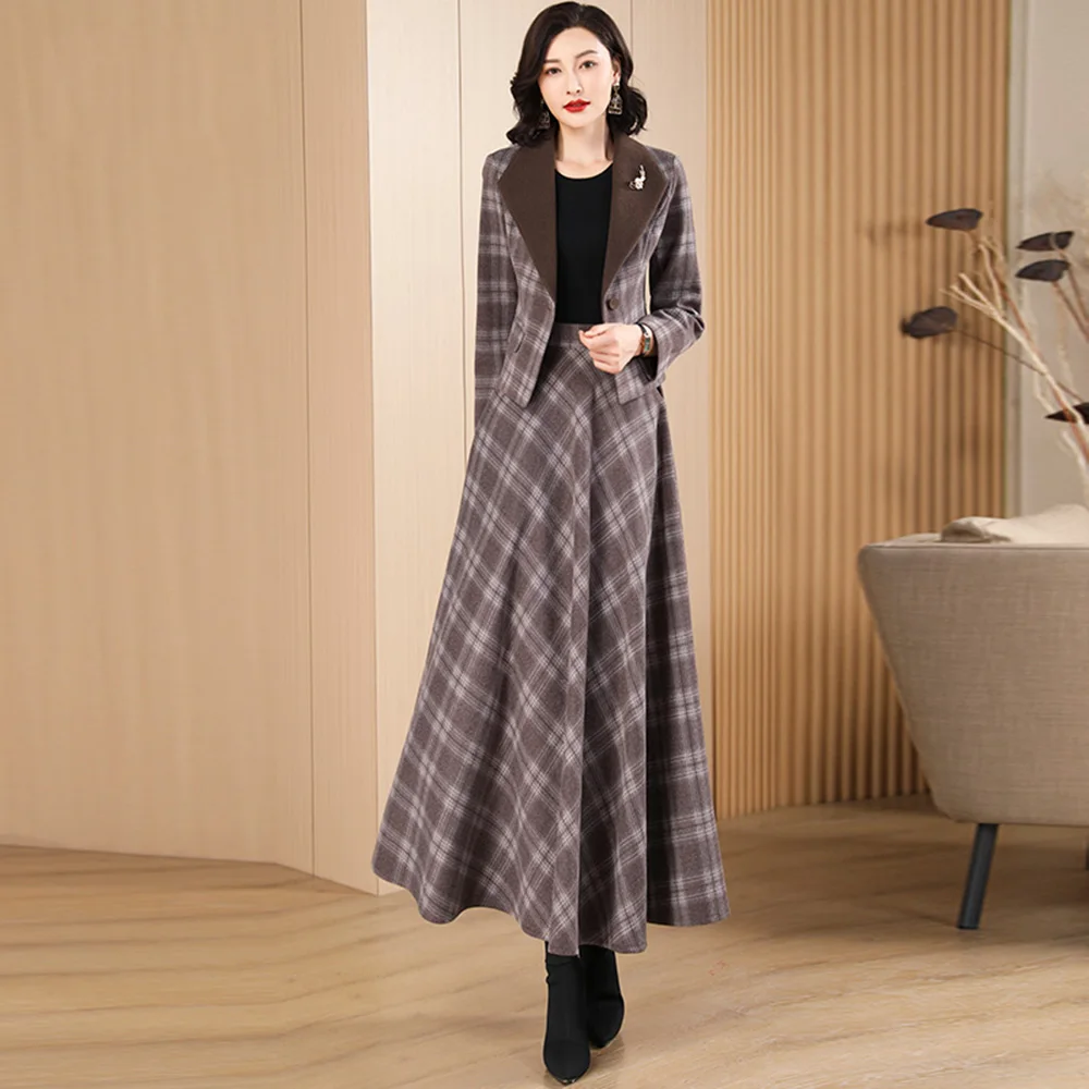 New Women Woolen Skirt Suits Spring Autumn Fashion Turn-down Collar Slim Suit Jacket And Empire Wait Long Skirt Two-pieces Set