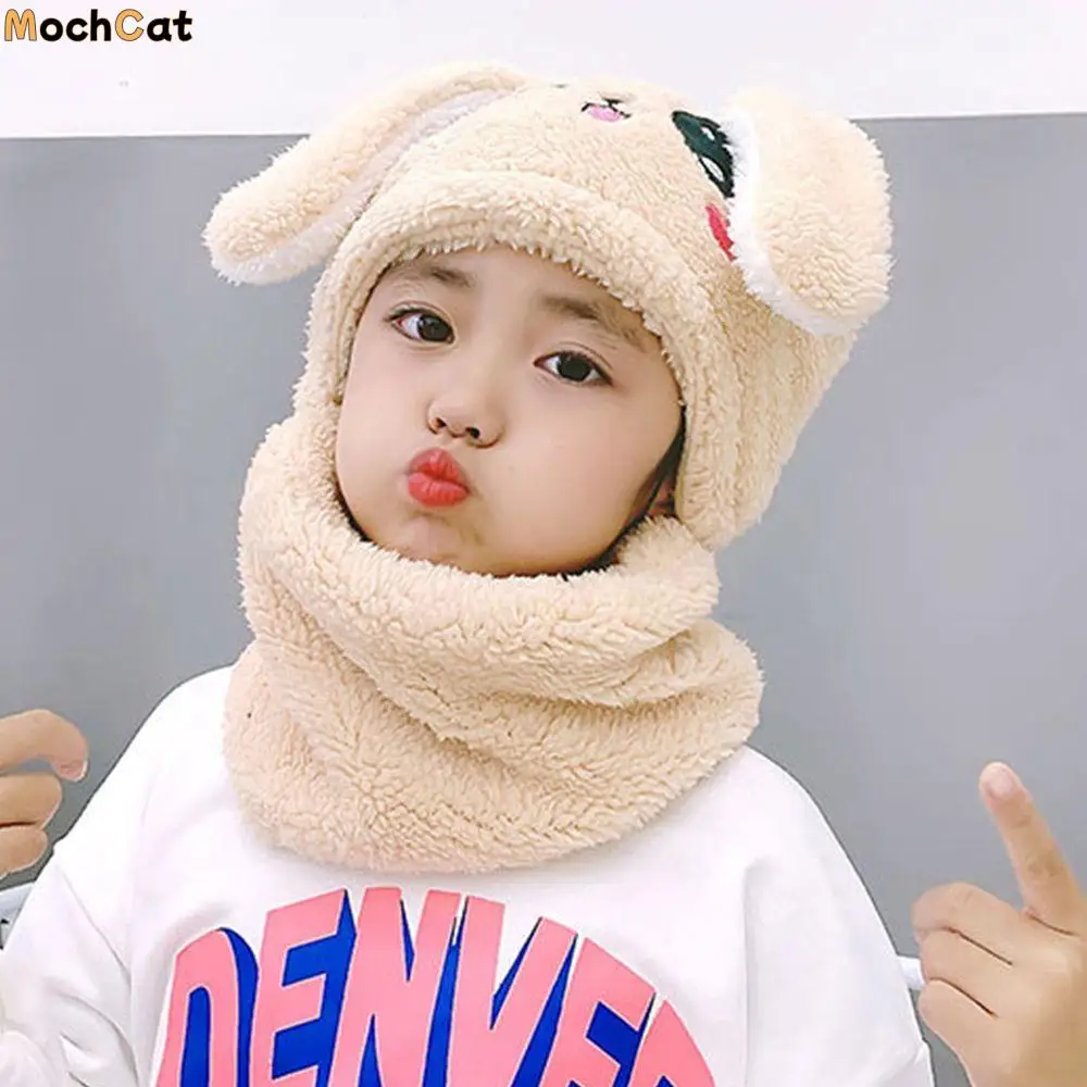 

Sweet Warm Bunny Solid Color Rabbit Ear Protector Fashion Design Korean Cap Plush Hat With Bib Children Hat