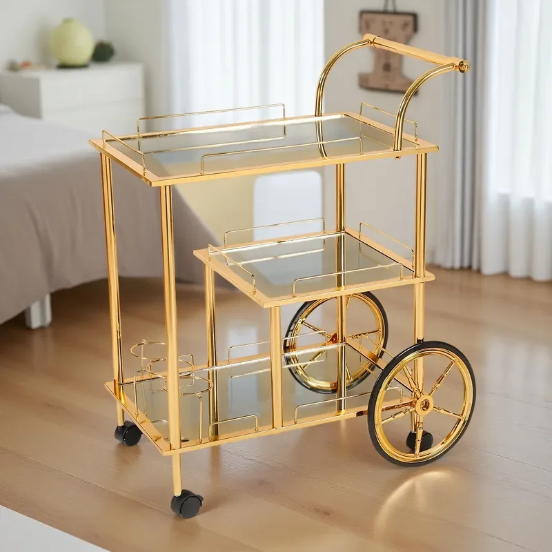 Modern Minimalist Metal Serving Trolley with Wheels for Living Room Dining Area Kitchen Storage Cart Mobile Bar Tea Table