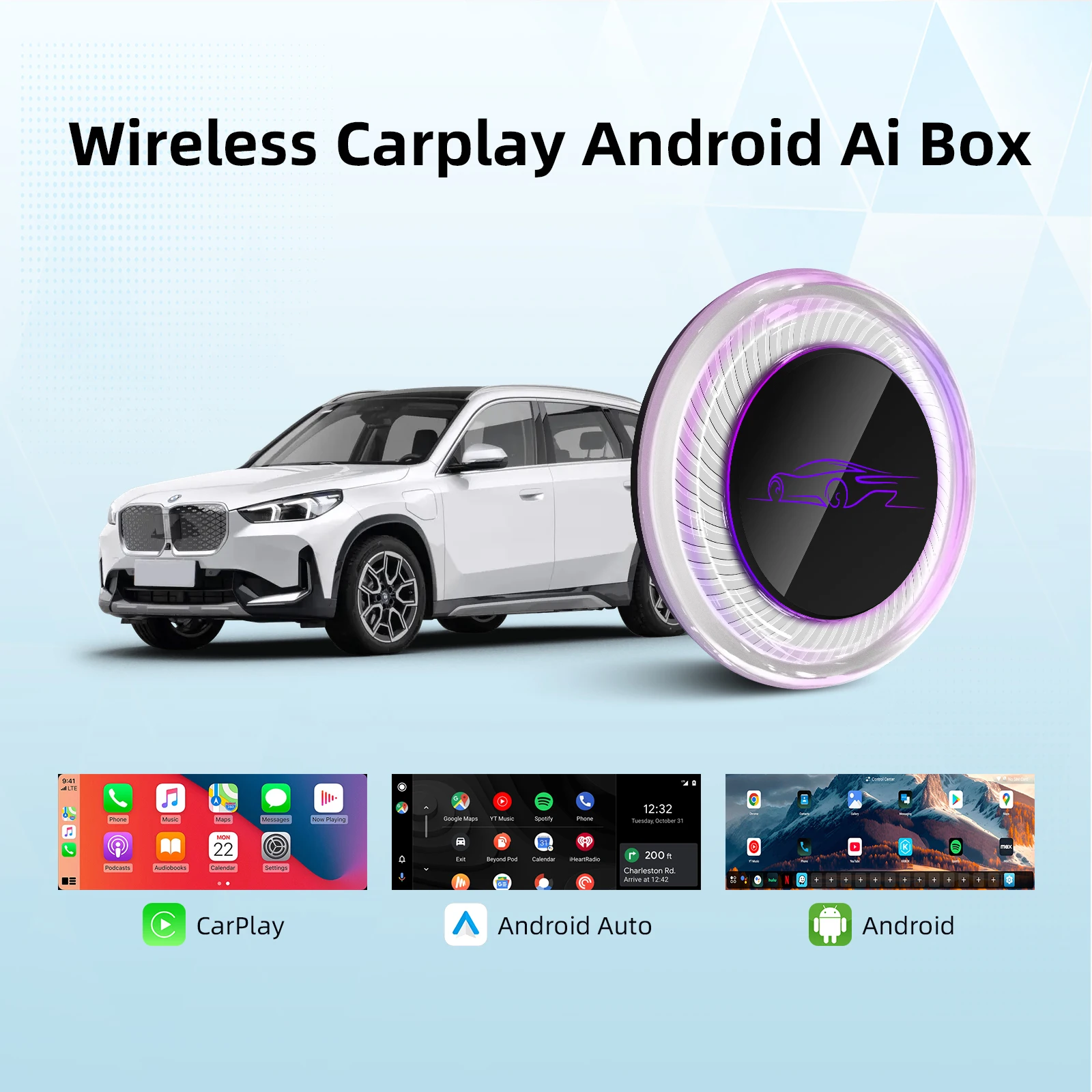 Android 13 Wireless AI Box for BMW or Other Car with Wireless CarPlay System, 8GB RAM, 128GB ROM, Dual WiFi, Support 4G SIM Card
