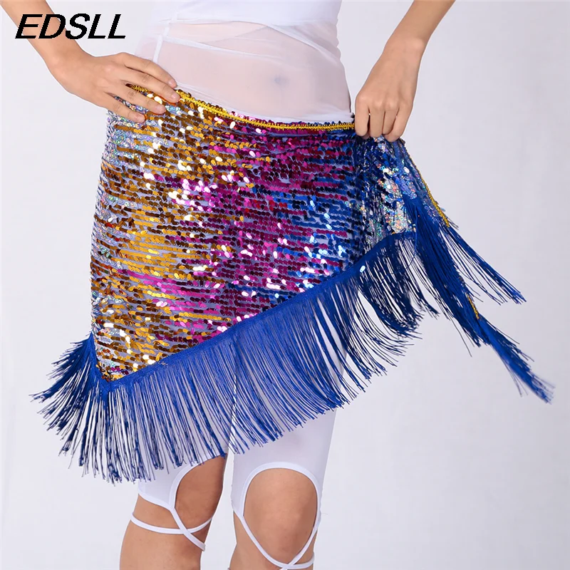 Feminino lantejoulas glitter borla dança do ventre hip cachecol dança indiana cintura corrente gradiente cachecol festa envoltório saia triângulo cachecol