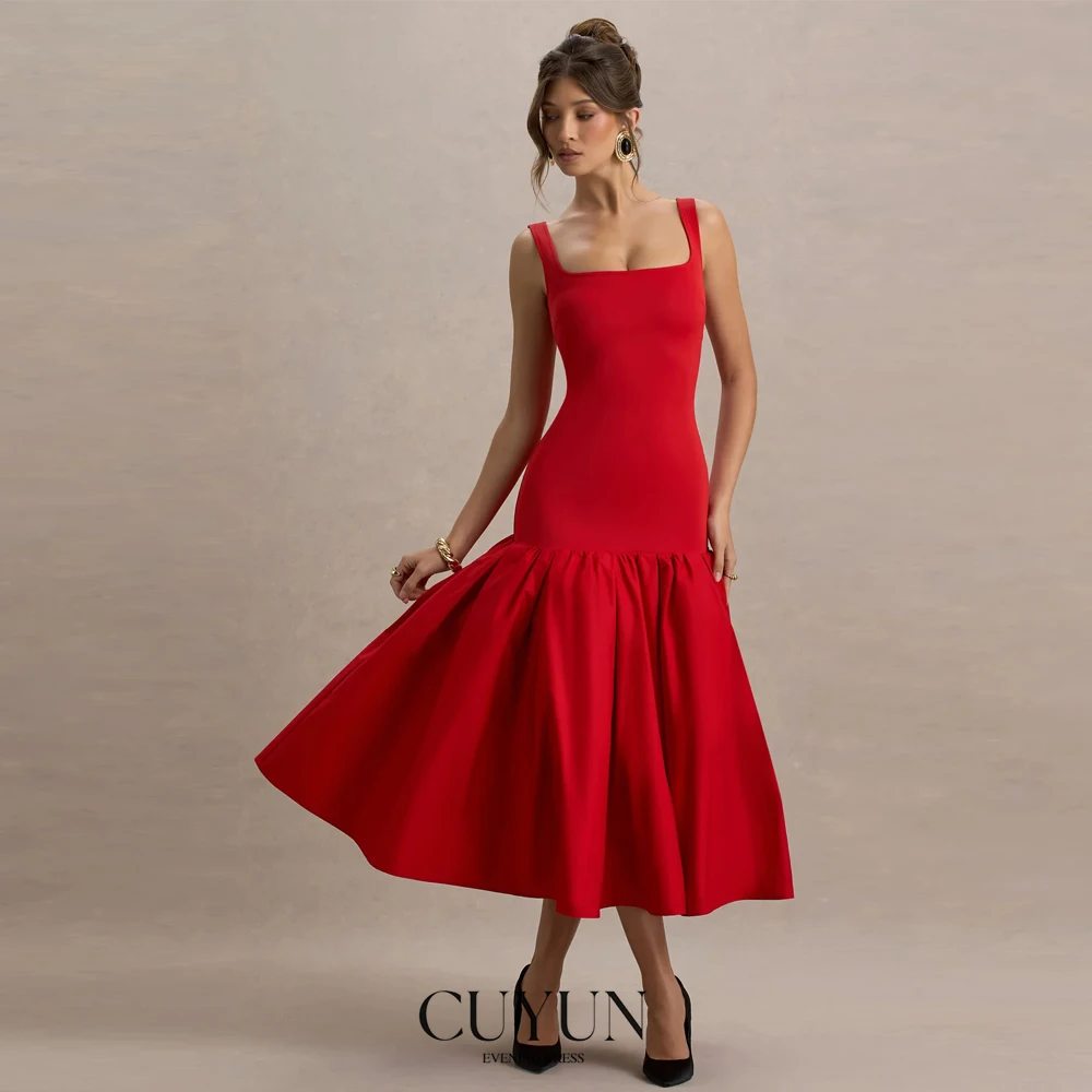 

CUYUN Red Square Collar Sleeveless Prom Dresses Backless Simple Women Summer Dress Customized Party Gown