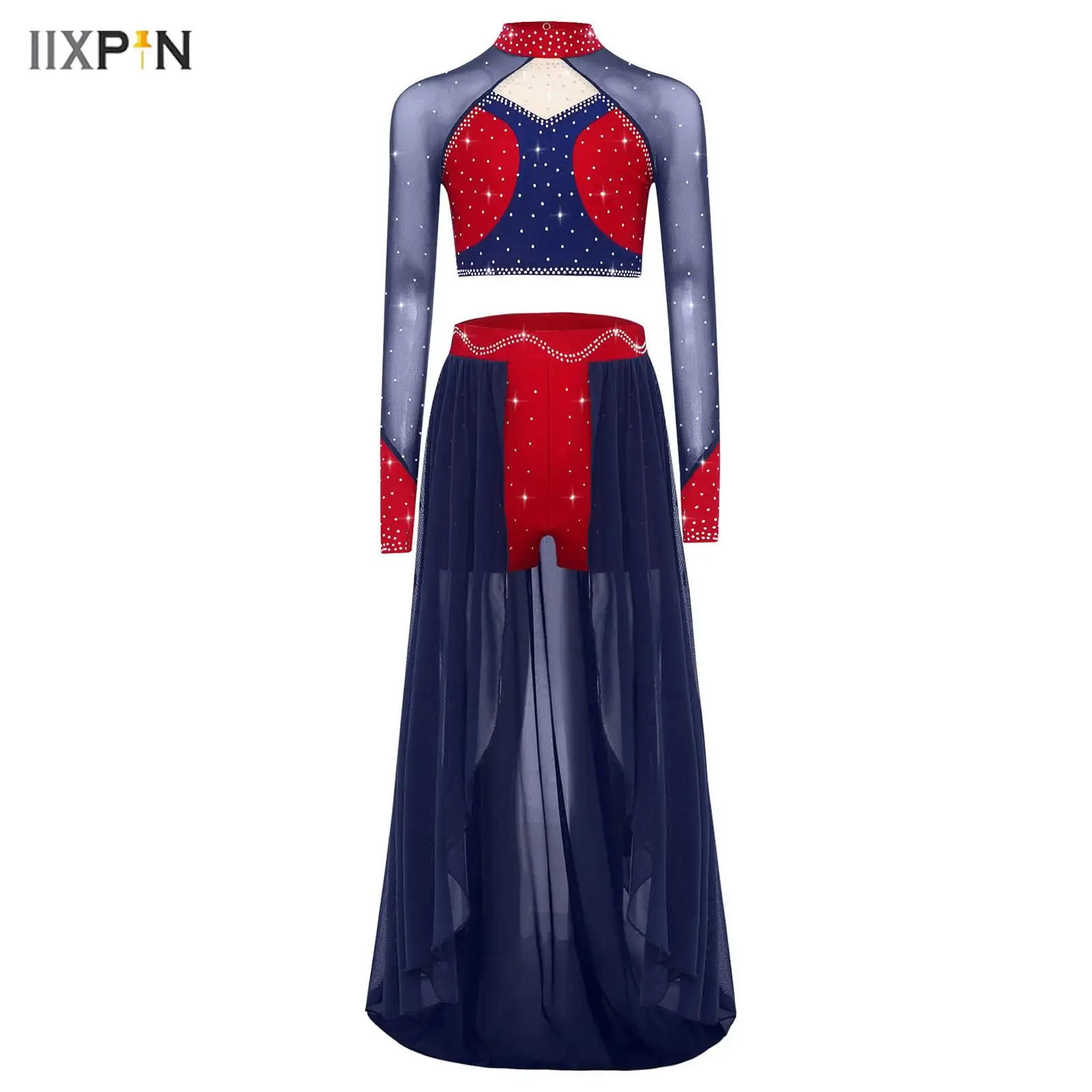 

Kids Girls Lyrical Modern Dance Costume Long Sleeve Cutout Mesh Patchwork Color Block Shiny Rhinestones Crop Top+Shorts Skirt