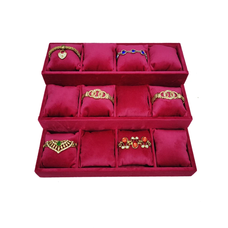 High Quality Velvet Three-layer Watch Bracelet Tray Black Gray Rose red Watch Bracelet Storage Display Tray Table Storage Props