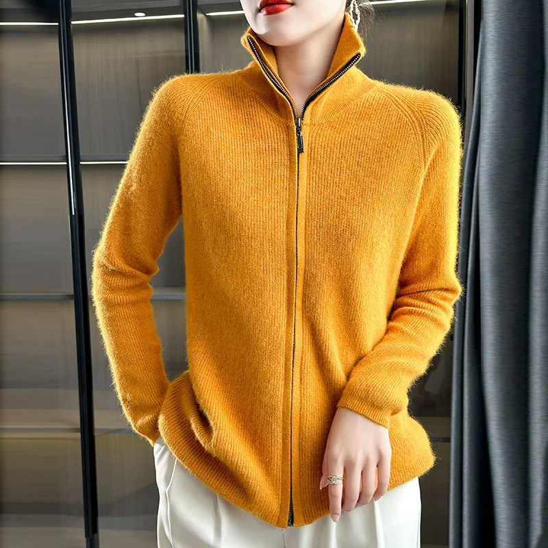 French Fashion Woman Clothing Zipper Stand Collar 100% Alxa Cashmere Cardigan Autumn and Winter Female Sweater Knit Coat 093 XXL