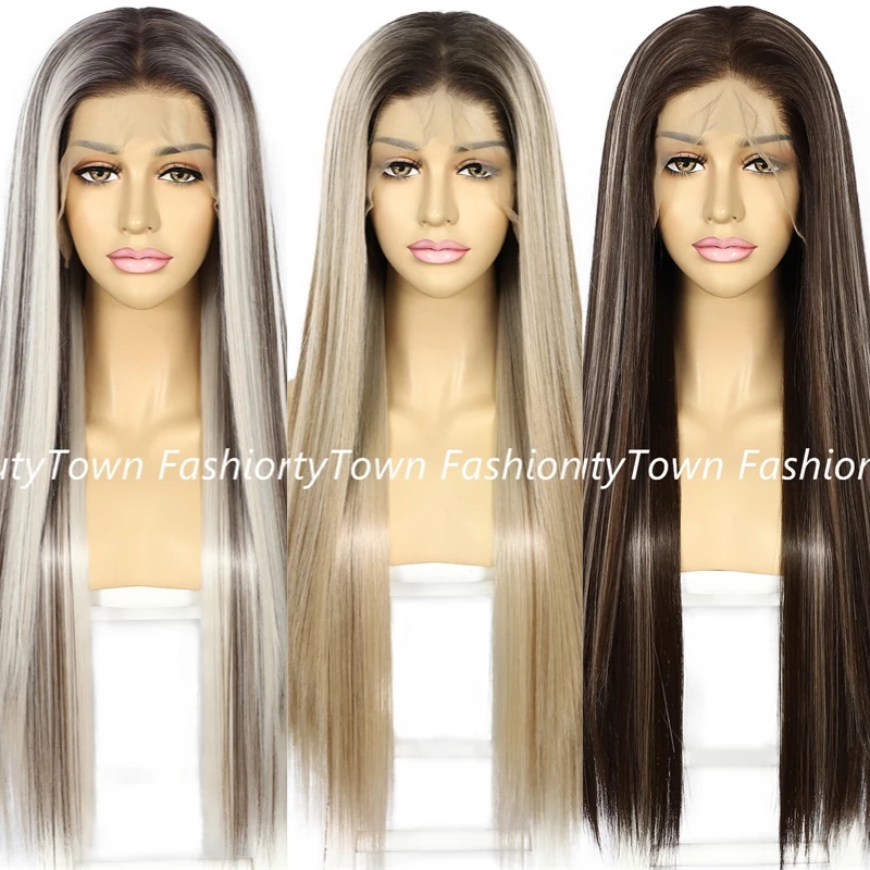 Summer 30\'\' 13x6 Bone Straight Synthetic Woman Wigs HD Transparent Lace Wig Prepluck Daily Wear Futura Heat Resistant Fiber Made