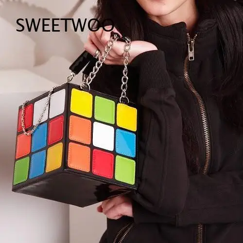 Y2K 3D Magic Cube Box Bag Multicolor Puzzle Print Chain Handle Bow Decor Ladies Party Club Evening Crossbody Shoulder Bags