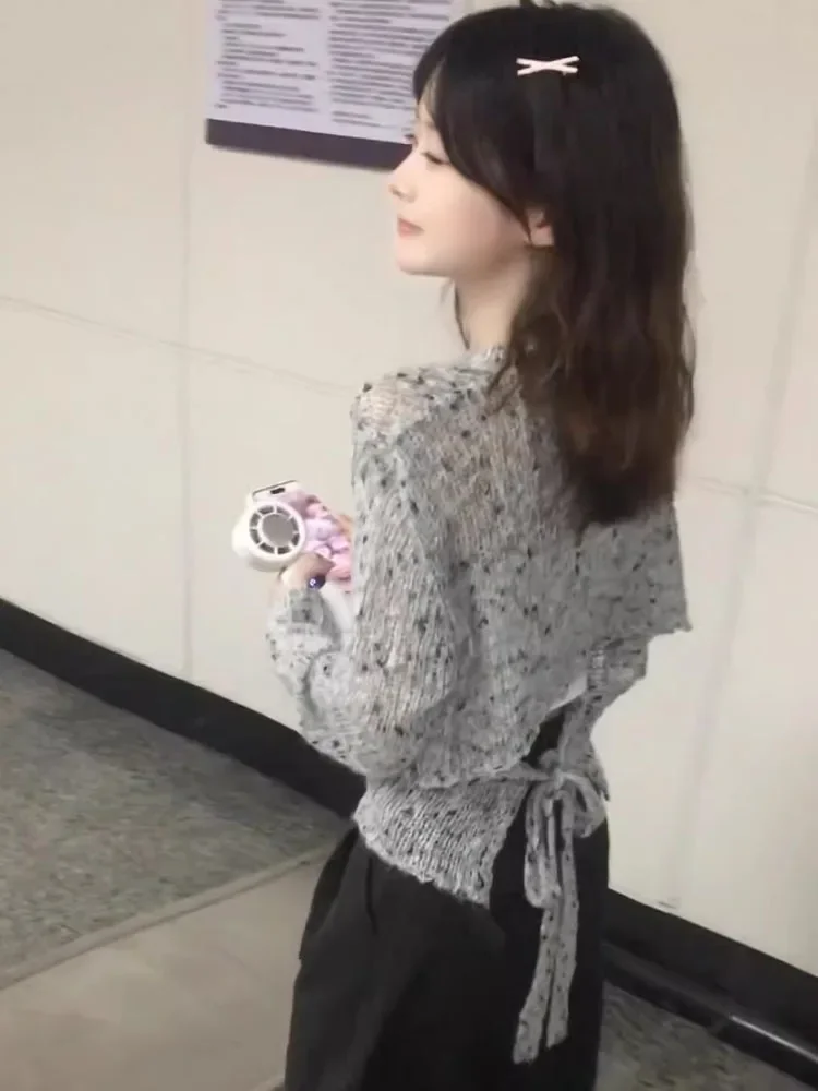 

Свитер с повязкой на талии, 2024, женская одежда, Sueter Mujer, повседневный осенний джемпер с круглым вырезом, корейский облегающий вязаный пуловер Y2k