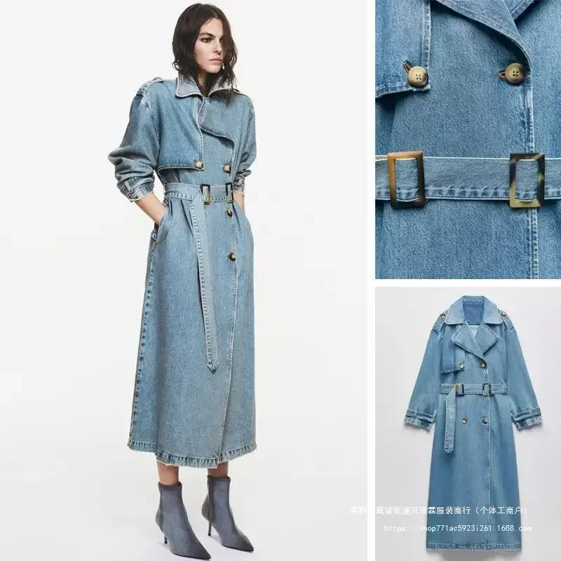 Europe and The United States Autumn New Fashion Street Personality Double Breasted Lapel Casual Long Denim Coat with Belt Women