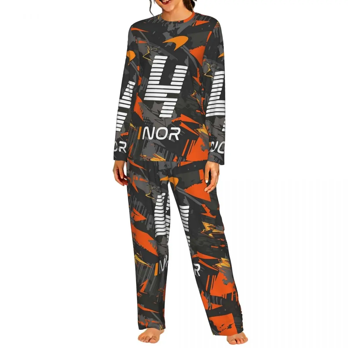 Lando Norris 4 - Abstract Design _F1 2024 Round Neck Long Sleeves Nightdress for Sleepshirts Women Loose Pajama Set Long Pants