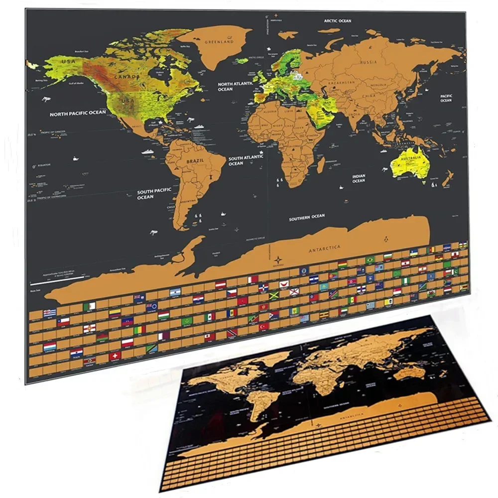 Deluxe Scratch Maps Posters Prints Wall Stickers Personalized Scratch Global Maps With Flag Scratch Off Foil Layer Coating Maps