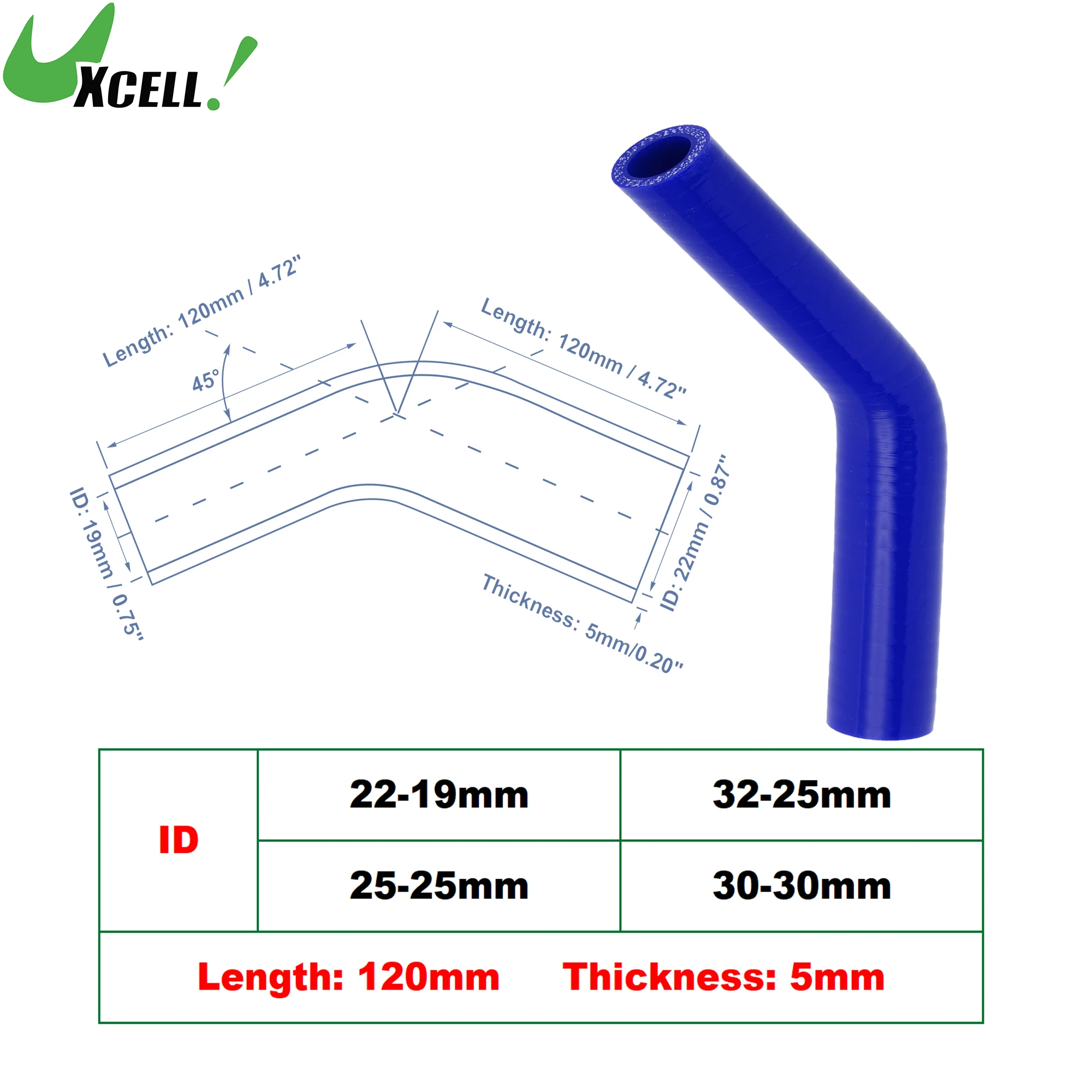 UXCELL 45 Degree 22-19mm 32-25mm 25-25mm 30-30mm ID Silicone Hose Coupler Intercooler Tube 120mm Long Blue