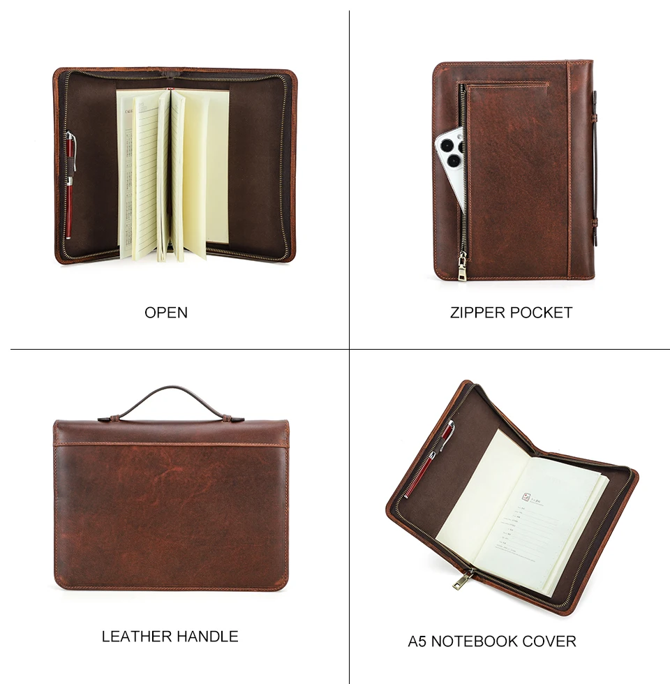 Luxury Retro Handmade Cowhide Leather Notebook A5 Case with zipper Pen Holder Phone Bag Journal Office Diary Travel Portfolio