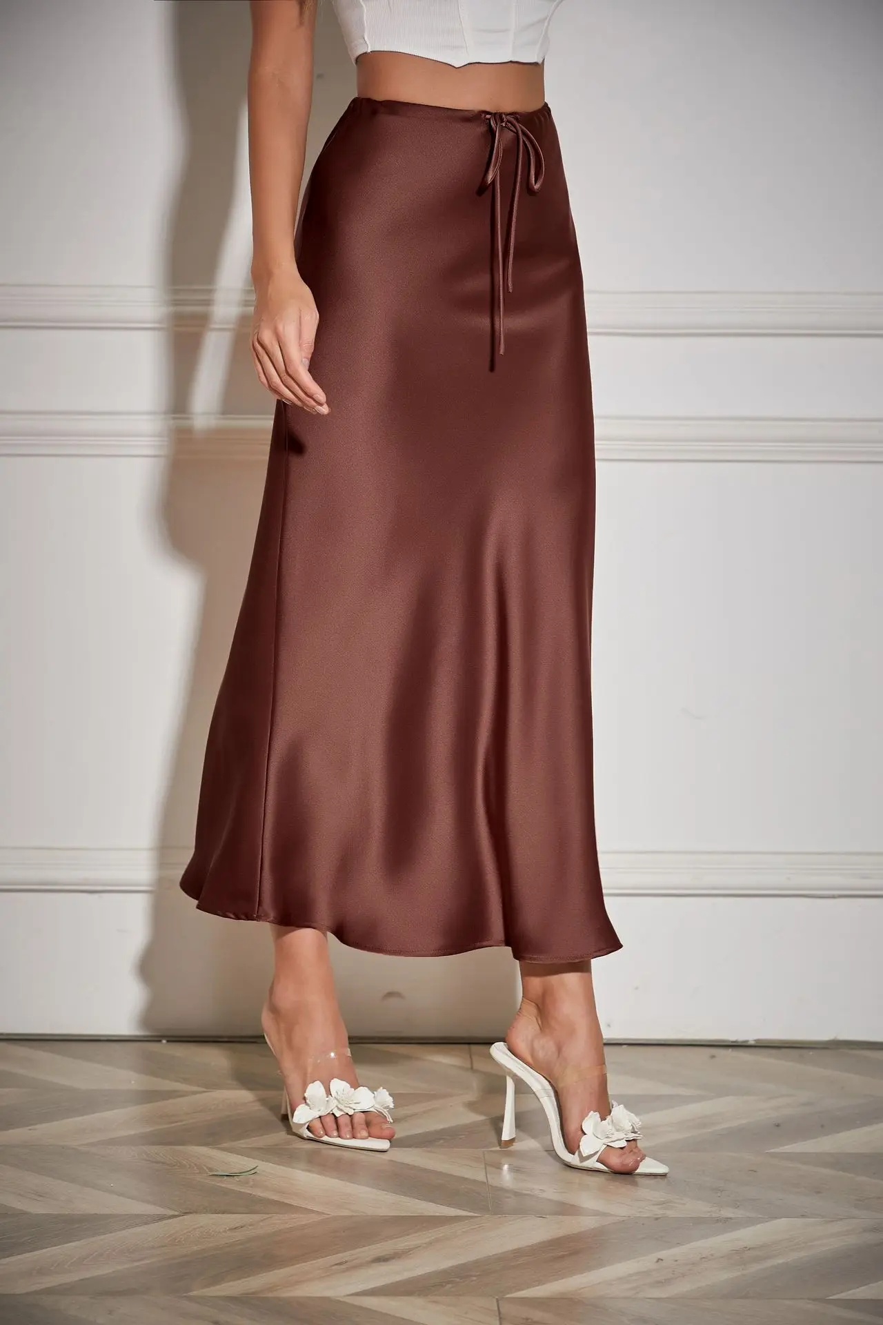 New In 2026 Spring Summer Solid Color Satin Long Skirt For Women High Waist Lace-Up Fashion Elegant Faldas