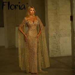 Champagne Mermaid Long Cape Sleeve Party Dresses For Weddings Dubai Heavy Beaded Crystals Robe De Soirée Dresses 2024 Women