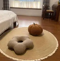 Handmade Round Woven Rugs Rattan Carpet for Bedroom Living Room Vintage Linen Cotton Floor Mats Chic Room Door Mat Bedside Rug