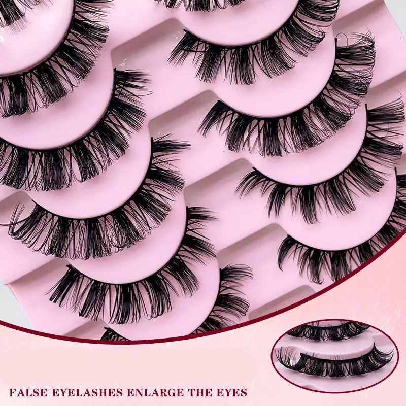 10 pairs of false eyelashes, naturally elongated and thick at the ends of the eyes, curled, with large eyelashes