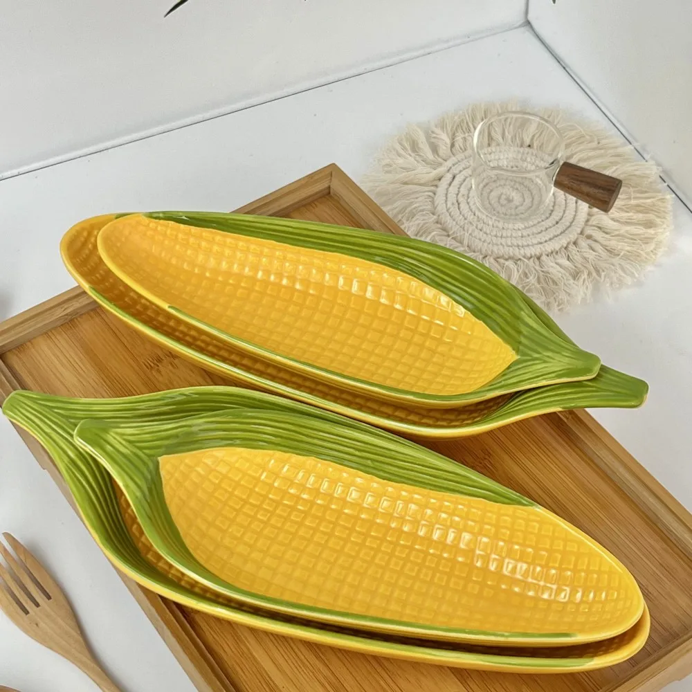 Cartoon Creative Hand-Painted Corn Ceramic Plate Relief Personalized Trend Fruit Plate Snack Plate Refreshment Plate 2PCS