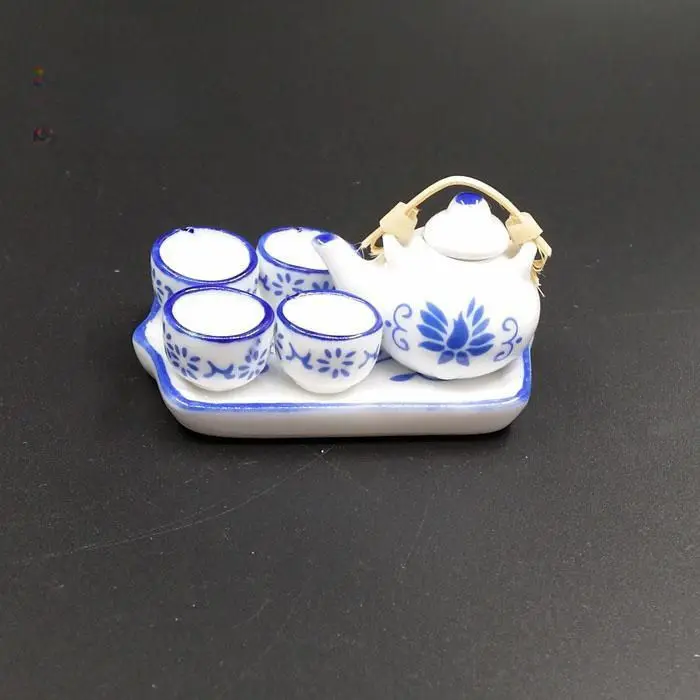 ชุดของเล่นจำลองบ้านตุ๊กตาขนาด 1:12 จำนวน 3 ชุด - ชุดน้ำชาและไวน์เซรามิกสไตล์จีนสีน้ำเงิน อุปกรณ์ตกแต่งโต๊ะอาหารบ้าน DIY ที่สวยงาม