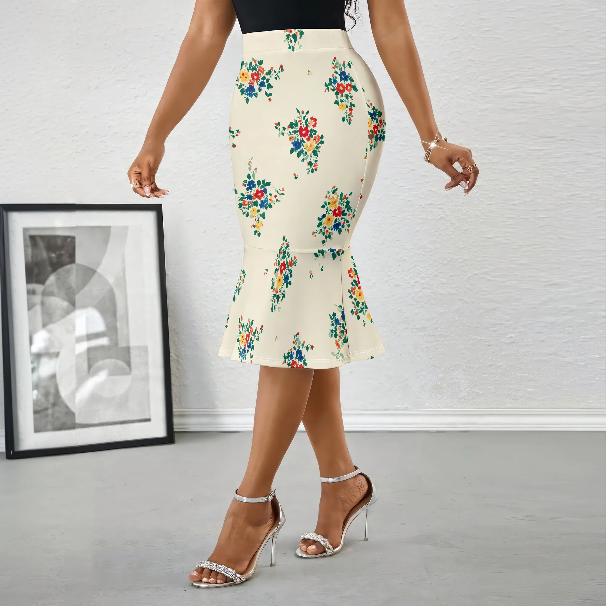 Floral Print Midi Skirt, Boho Floral Design, Vintage Flower Pattern, High Waist Pencil Skirt, Elegant Party Wear, S-2XL