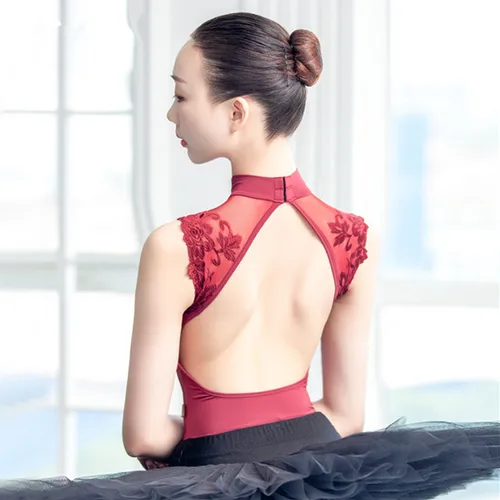 Imagen 1 del producto Leotardos de baile sexys para mujer, ropa de práctica de una pieza, traje de baile de gimnasia de encaje, leotardo de Ballet de cuello alto para adulto