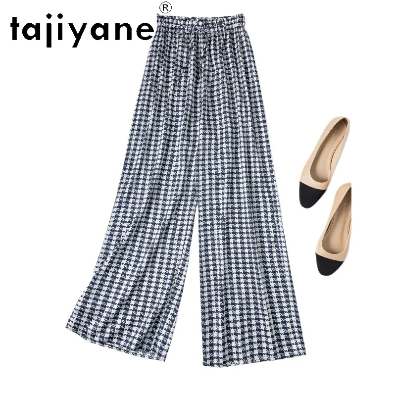 

TAJIYANE 93% Real Mulberry Silk Pants Women Chic Houndstooth Straight Pants Blooming Waist Spring Trousers 2026 Woman Clothes 바지
