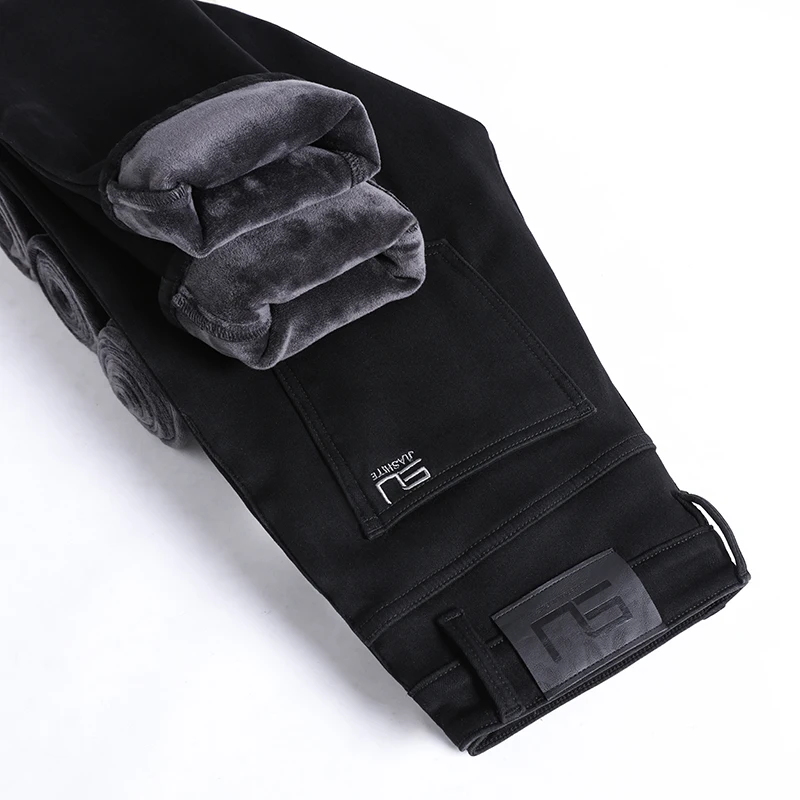 

Мужские зимние теплые флисовые черные джинсы, новинка 2025, деловая мода, эластичные джинсовые толстые брюки стандартной посадки, мужские брендовые брюки