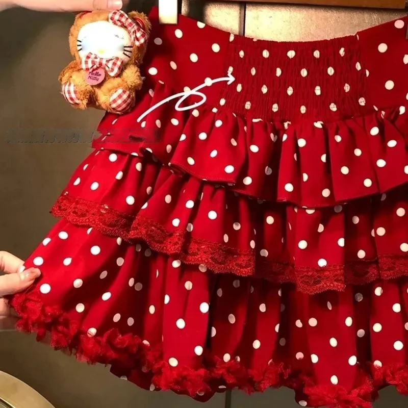 

Рождественская мини-юбка в горошек, женская милая многоярусная красная юбка с высокой талией Harajuku Y2K, кружевная лоскутная юбка в консервативном стиле