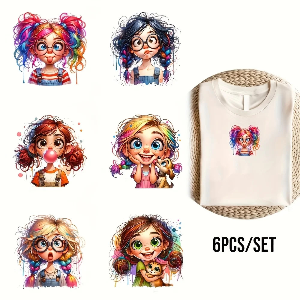 

6Pcs Colorful Animal Quirky Character Heat Transfer Vinyl Stickers Bright Easy Iron On for Clothing Bags Hats T-Shirts