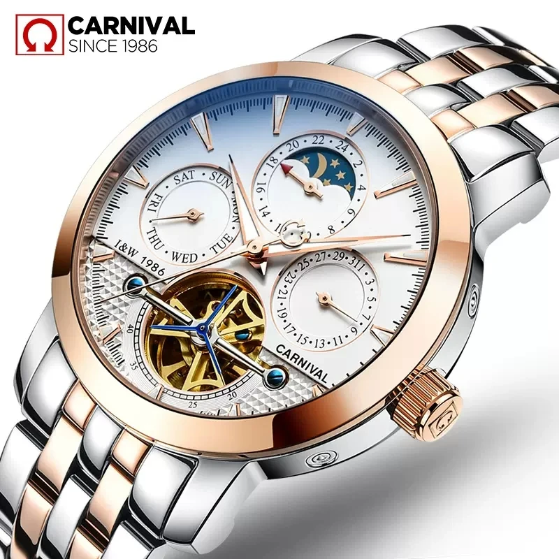 Carnival Brand Fashion Automatic Tourbillon Watch Men Luxury Mechanical Wristwatch Luminous Military Clock Relogio Masculino